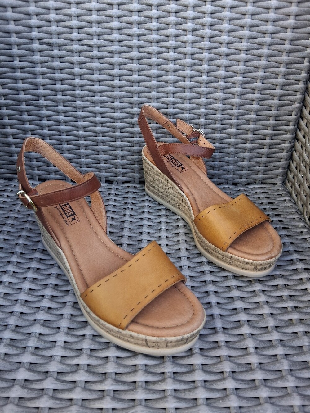PIKOLINOS Cognac and Tan Espadrille Wedge Sandals with Ankle Strap